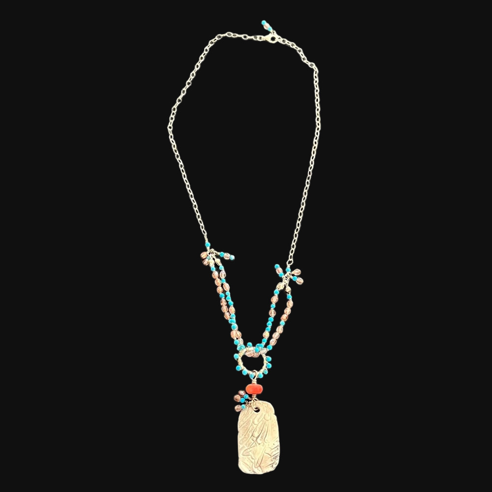 🏷 Artisan Crafted Sterling, Turquoise & Coral Pendant Necklace